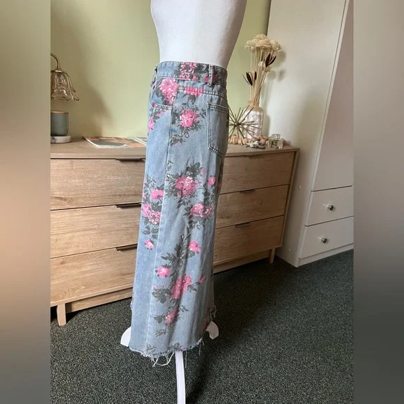 Vintage Cotton Denim Pink Wild Rose Floral Midi Maxi Side Slit High-Waist Skirt - Picture 6 of 16